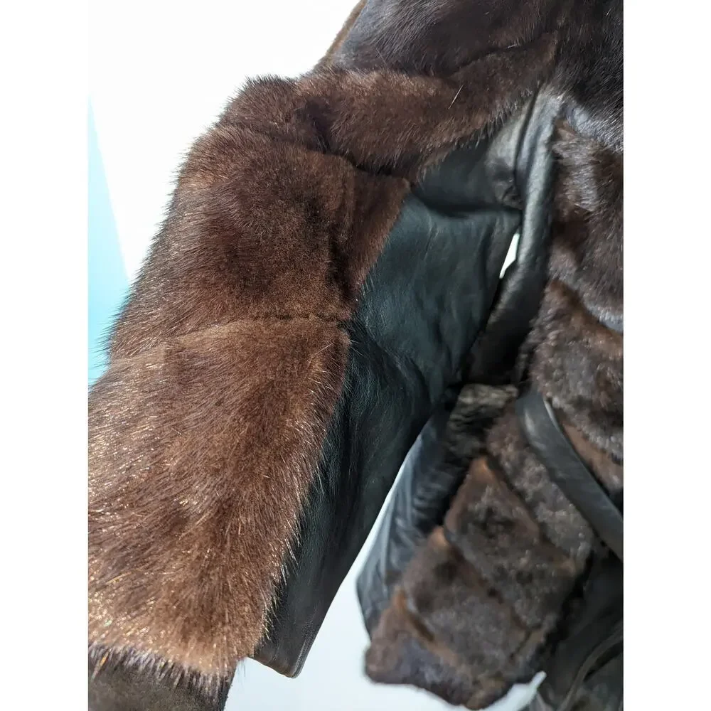 Vintage 70's Dayton's Black Leather Coat with Fur Accents Tie Waist Black Brown - Picture 6 of 14